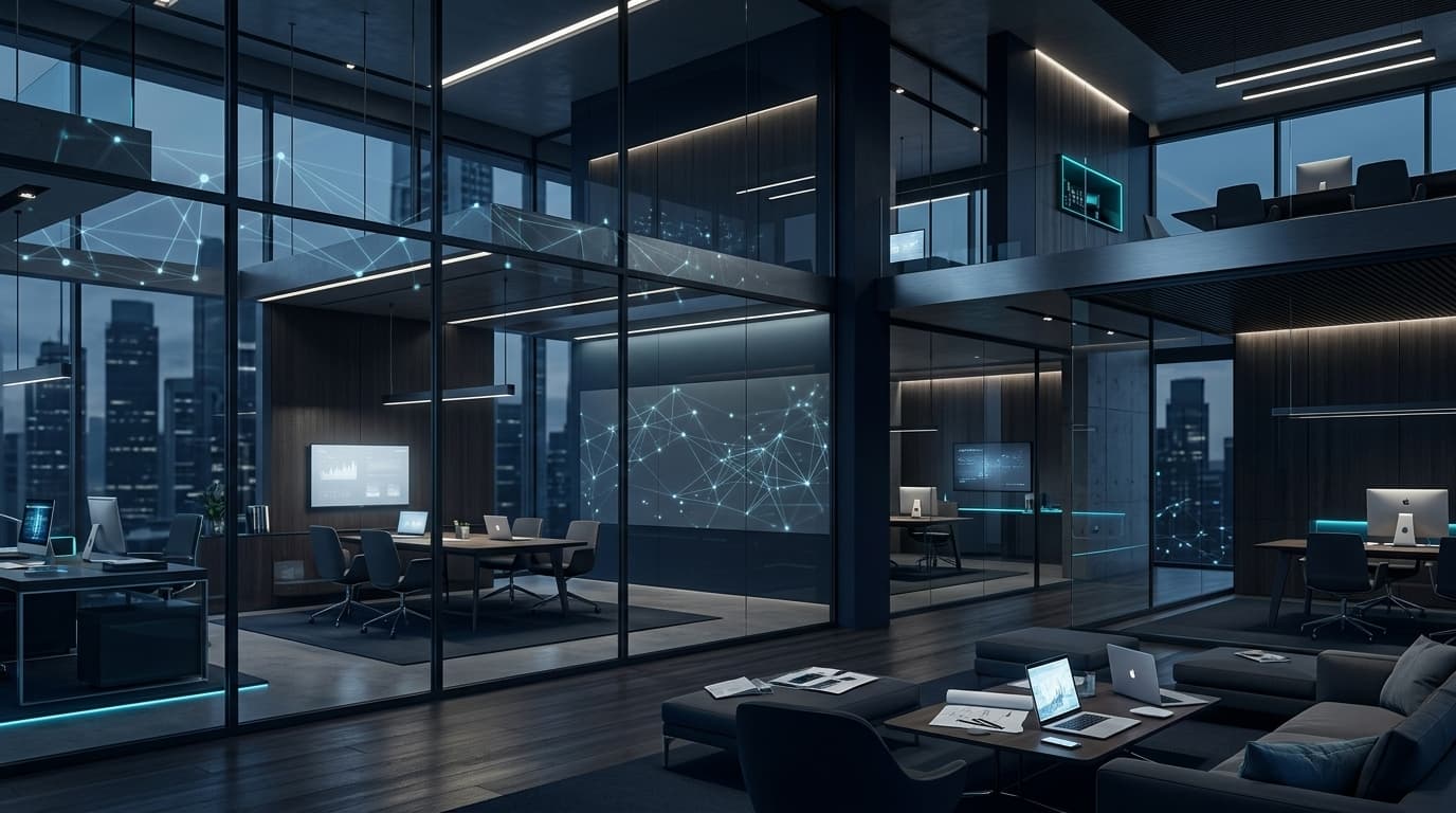 Modern dark studio with glass walls