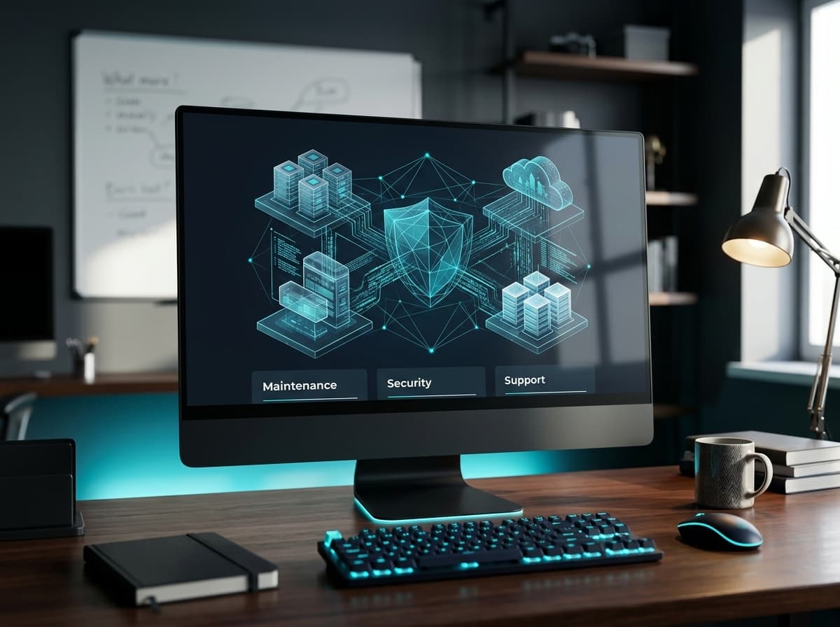 Monitor showing maintenance, security and support