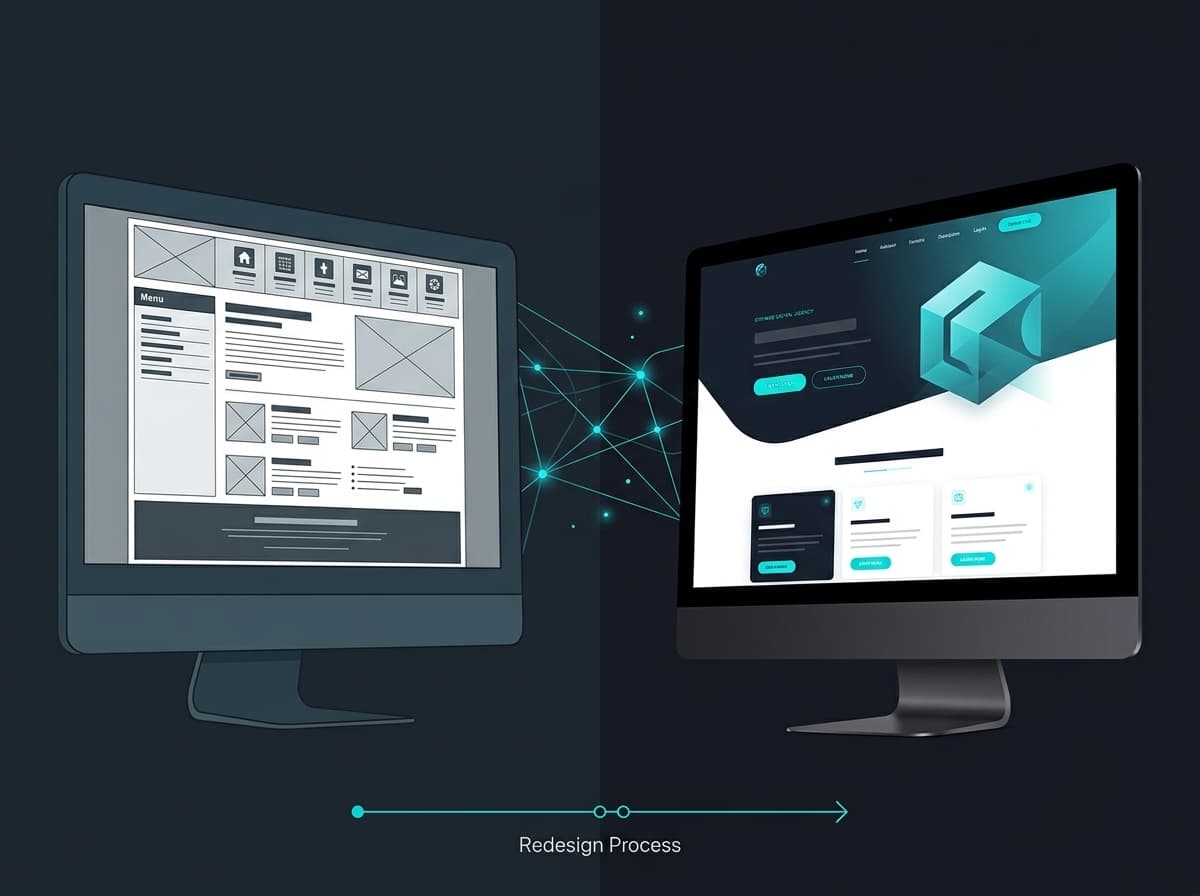 Old wireframe site beside a redesigned modern site