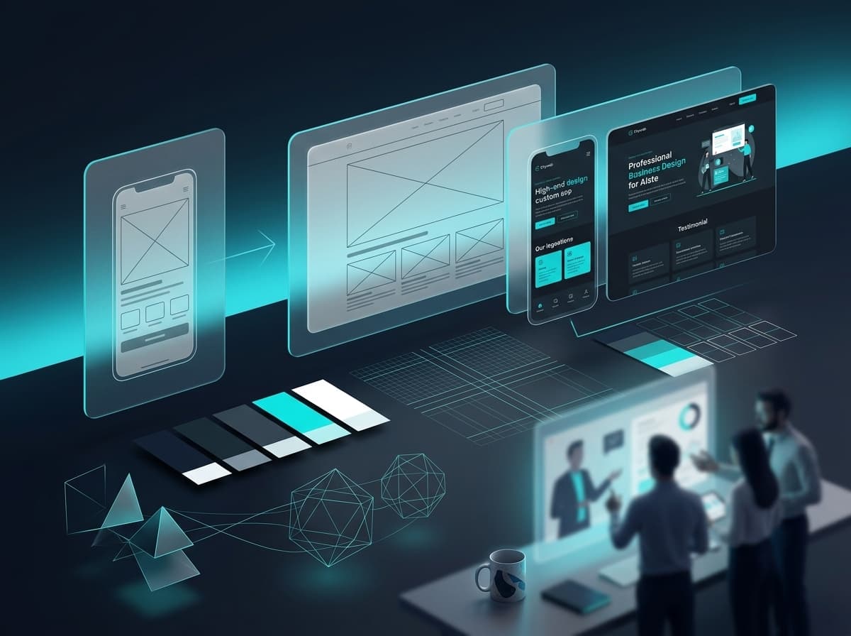 Wireframes evolving into finished interface designs